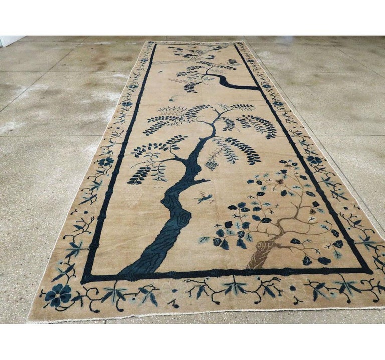 Hand-Knotted Early 20th Century Handmade Chinese Peking Long Gallery Carpet in Cream & Blue For Sale