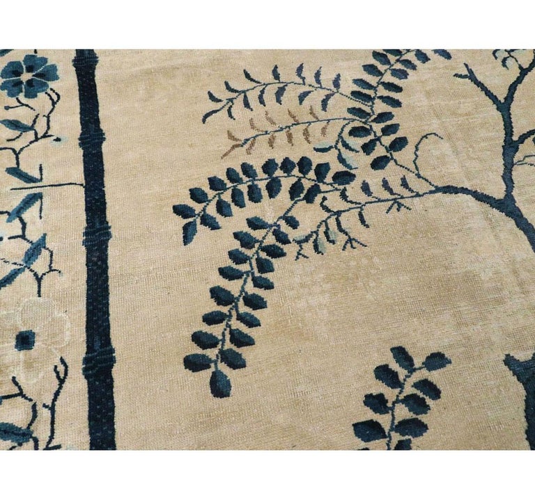 Wool Early 20th Century Handmade Chinese Peking Long Gallery Carpet in Cream & Blue For Sale