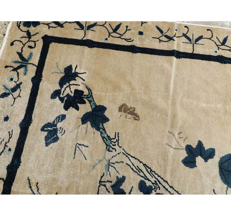 Early 20th Century Handmade Chinese Peking Long Gallery Carpet in Cream & Blue For Sale 1