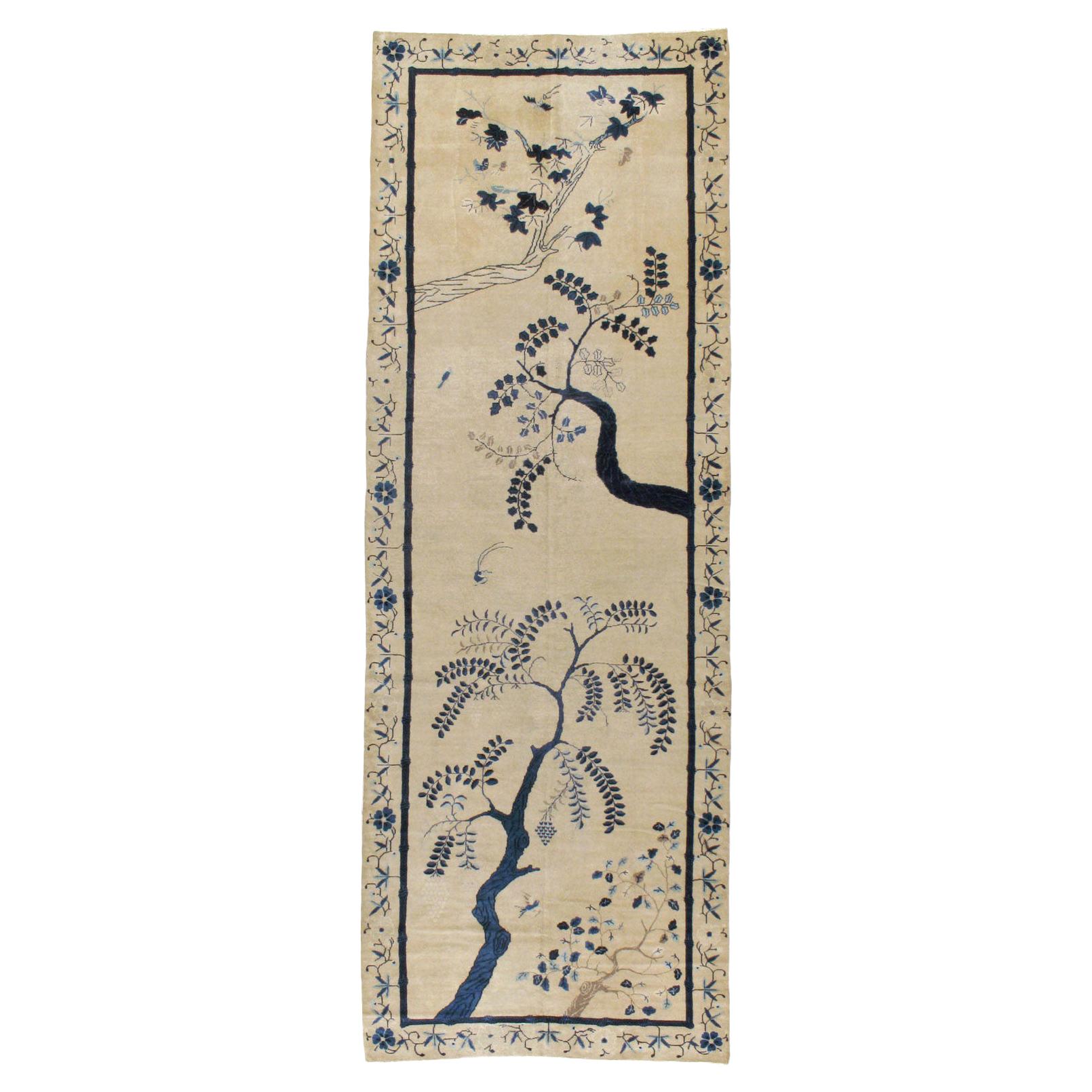 Early 20th Century Handmade Chinese Peking Long Gallery Carpet in Cream & Blue
