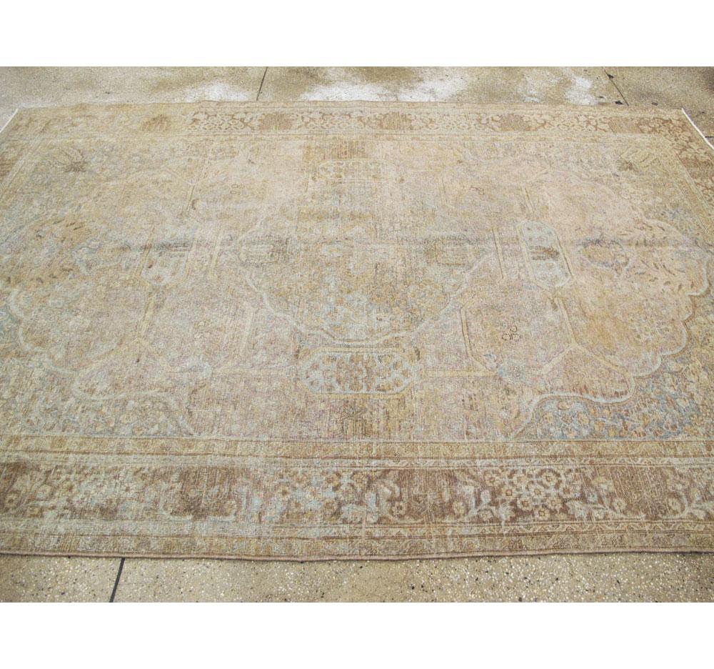 Early 20th Century Handmade Distressed Persian Tabriz Accent Rug For Sale 2