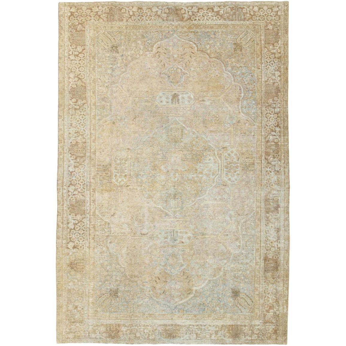 Early 20th Century Handmade Distressed Persian Tabriz Accent Rug For Sale