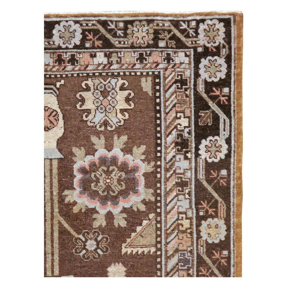 Rustic Early 20th Century Handmade East Turkestan Khotan Gallery Accent Rug For Sale