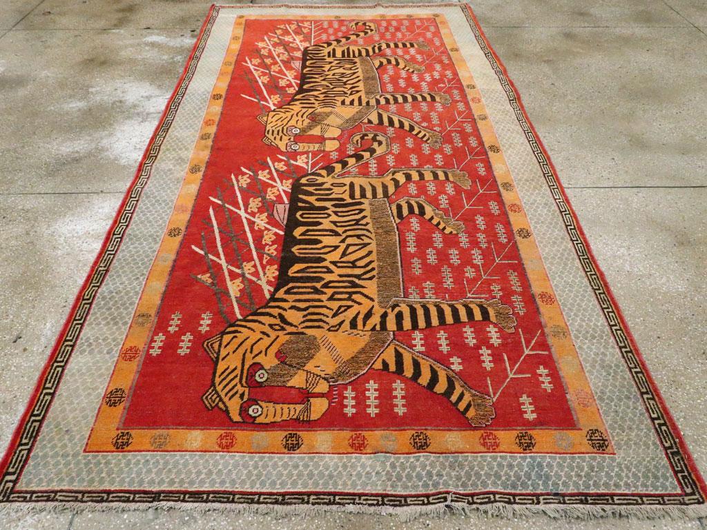 Hand-Knotted Early 20th Century Handmade East Turkestan Khotan Gallery Rug of Two Tigers