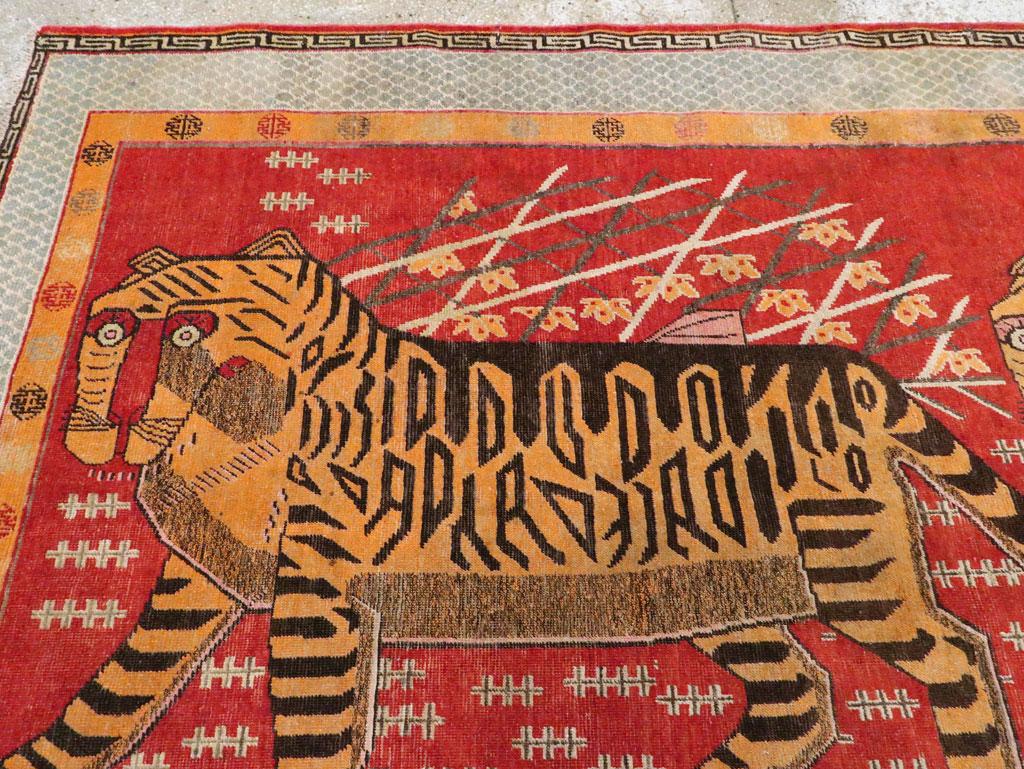 Early 20th Century Handmade East Turkestan Khotan Gallery Rug of Two Tigers 2