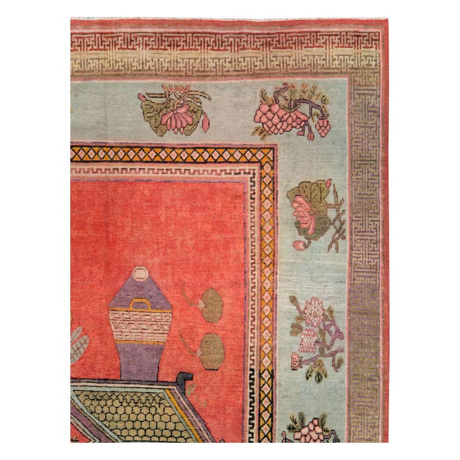 Chinoiserie Early 20th Century Handmade East Turkestan Khotan Pictorial Vase Gallery Carpet For Sale