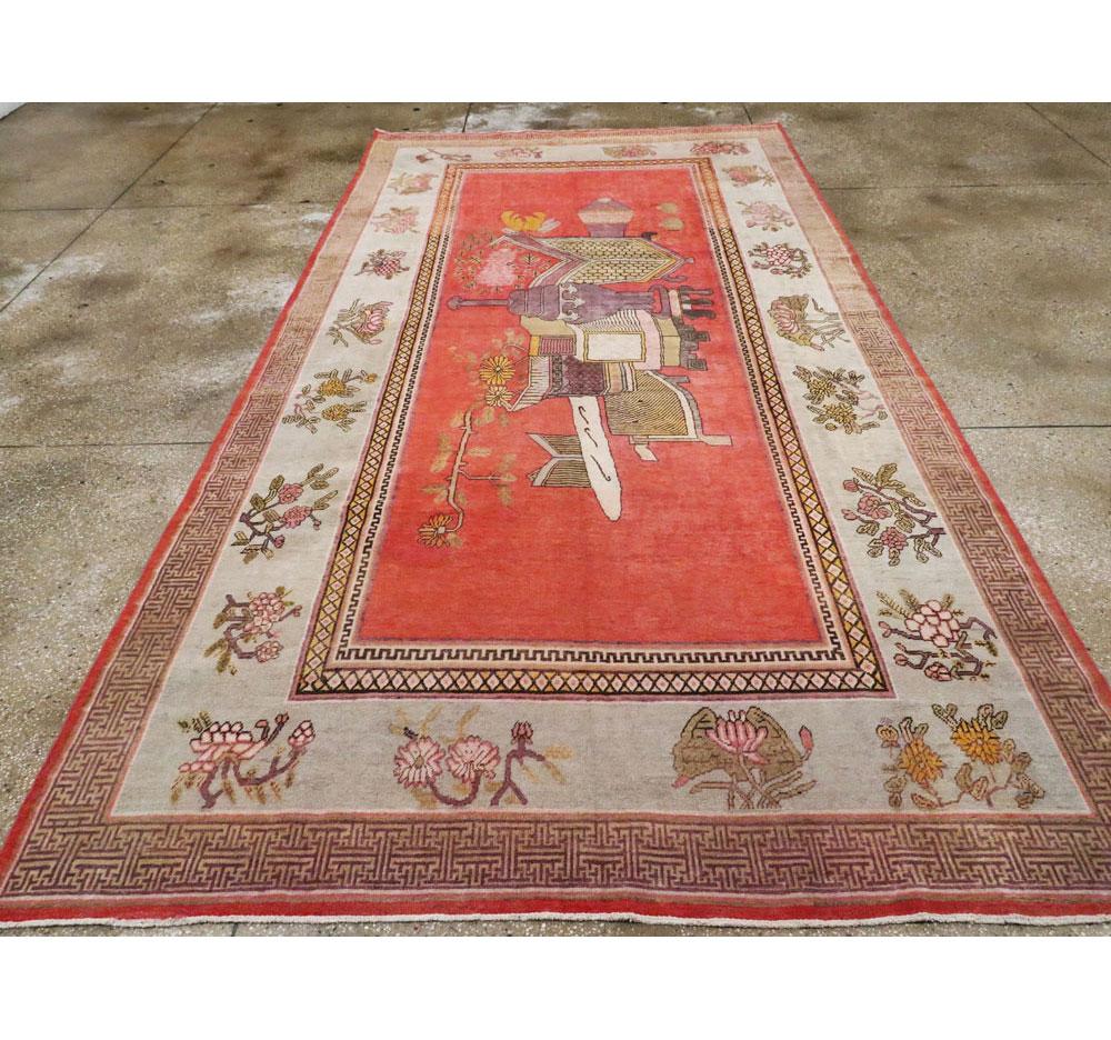 East Turkestani Early 20th Century Handmade East Turkestan Khotan Pictorial Vase Gallery Carpet For Sale