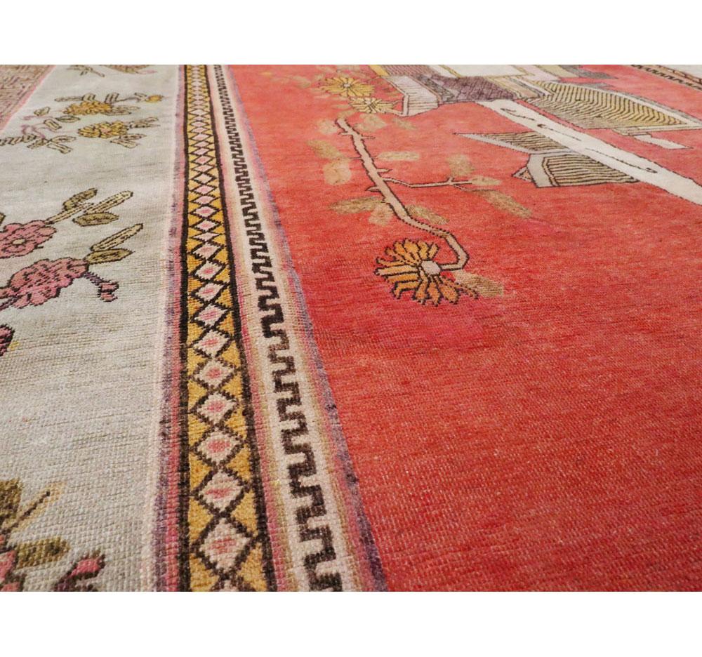 Hand-Knotted Early 20th Century Handmade East Turkestan Khotan Pictorial Vase Gallery Carpet For Sale