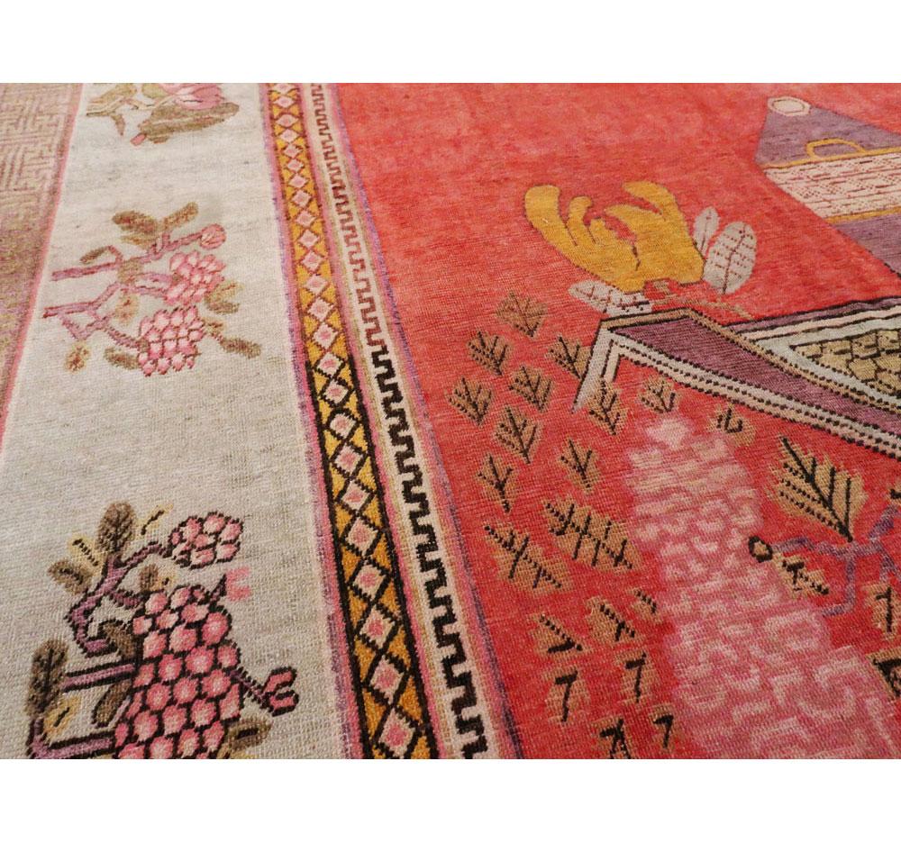 Early 20th Century Handmade East Turkestan Khotan Pictorial Vase Gallery Carpet In Good Condition For Sale In New York, NY