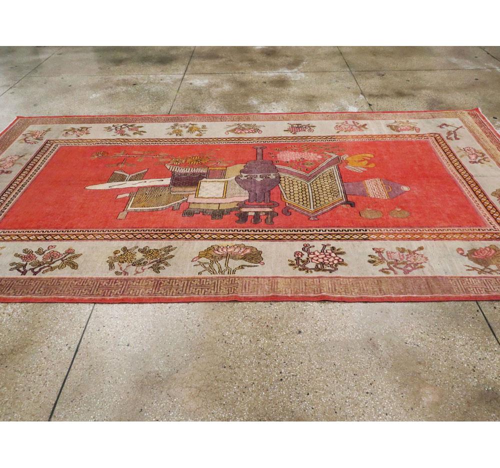 Wool Early 20th Century Handmade East Turkestan Khotan Pictorial Vase Gallery Carpet For Sale