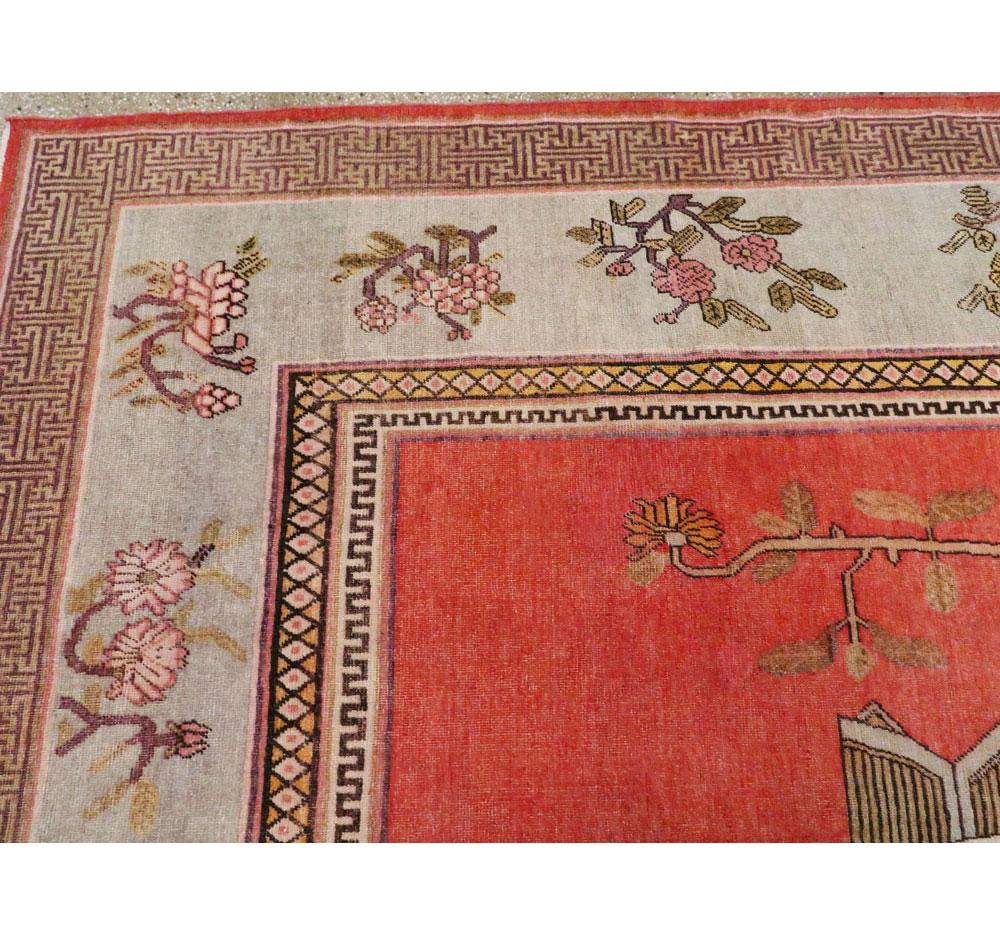 Early 20th Century Handmade East Turkestan Khotan Pictorial Vase Gallery Carpet For Sale 1