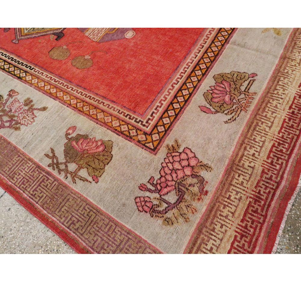 Early 20th Century Handmade East Turkestan Khotan Pictorial Vase Gallery Carpet For Sale 2
