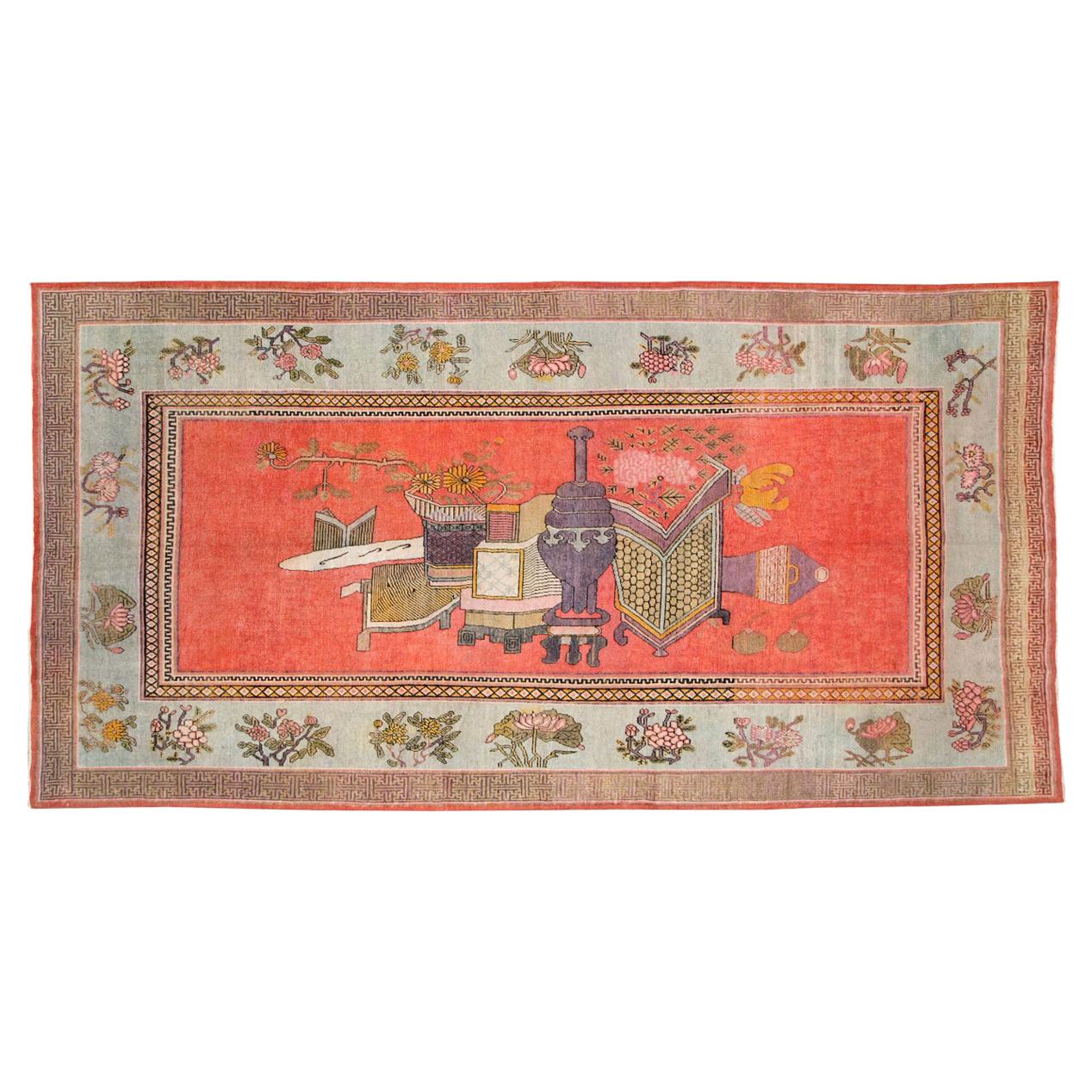 Early 20th Century Handmade East Turkestan Khotan Pictorial Vase Gallery Carpet