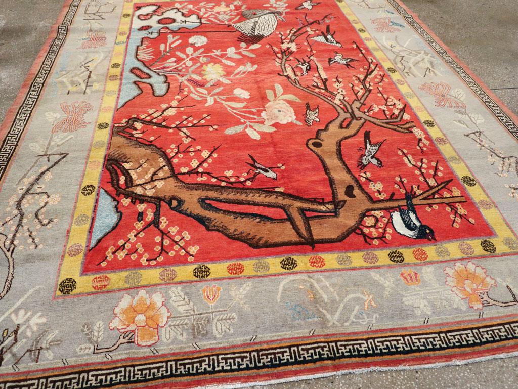 Wool Early 20th Century Handmade East Turkestan Pictorial Khotan Room Size Carpet For Sale