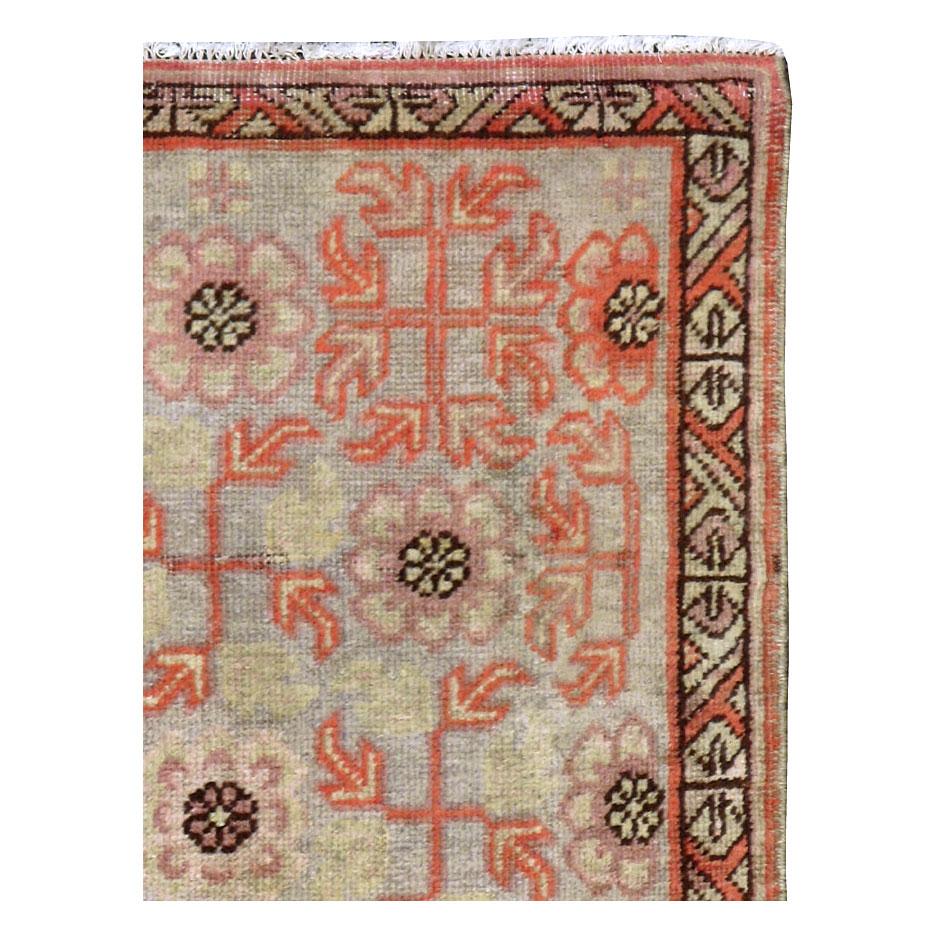 Modern Early 20th Century Handmade Khotan Scatter Rug in Coral and Grey For Sale