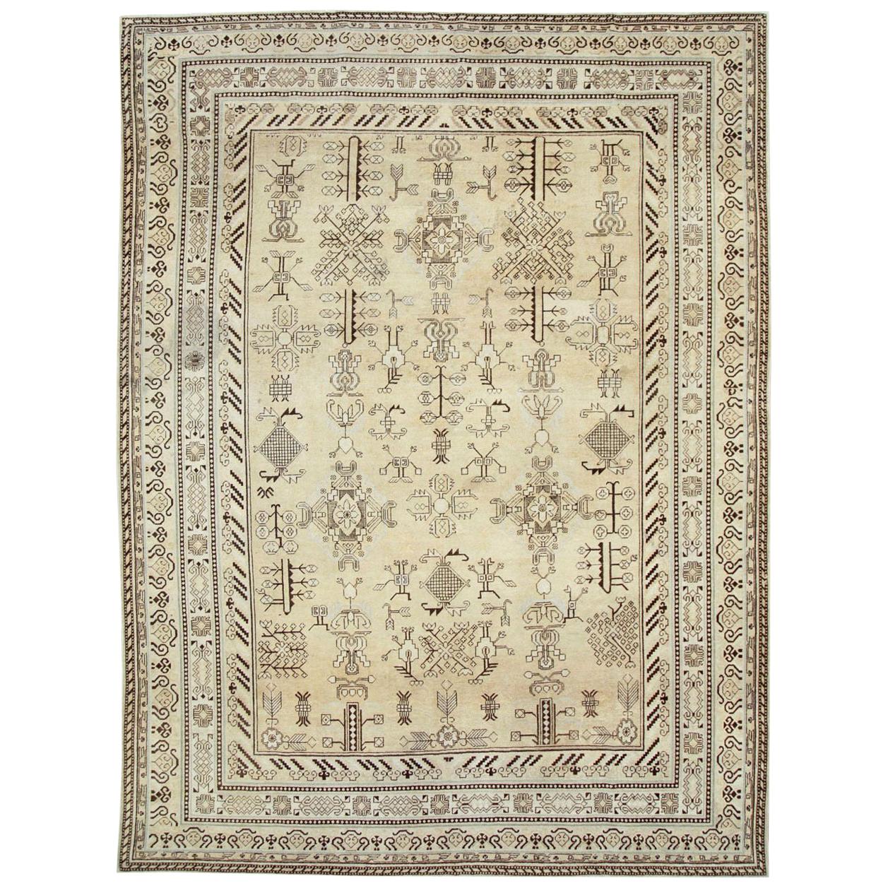 Early 20th Century Handmade Khotan Room Size Rug in Beige and Brown