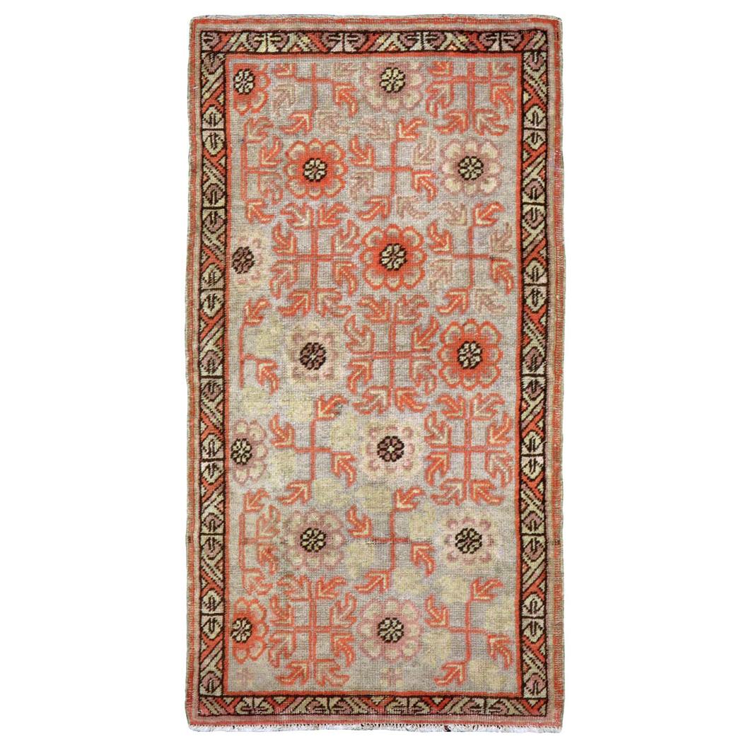 Early 20th Century Handmade Khotan Scatter Rug in Coral and Grey