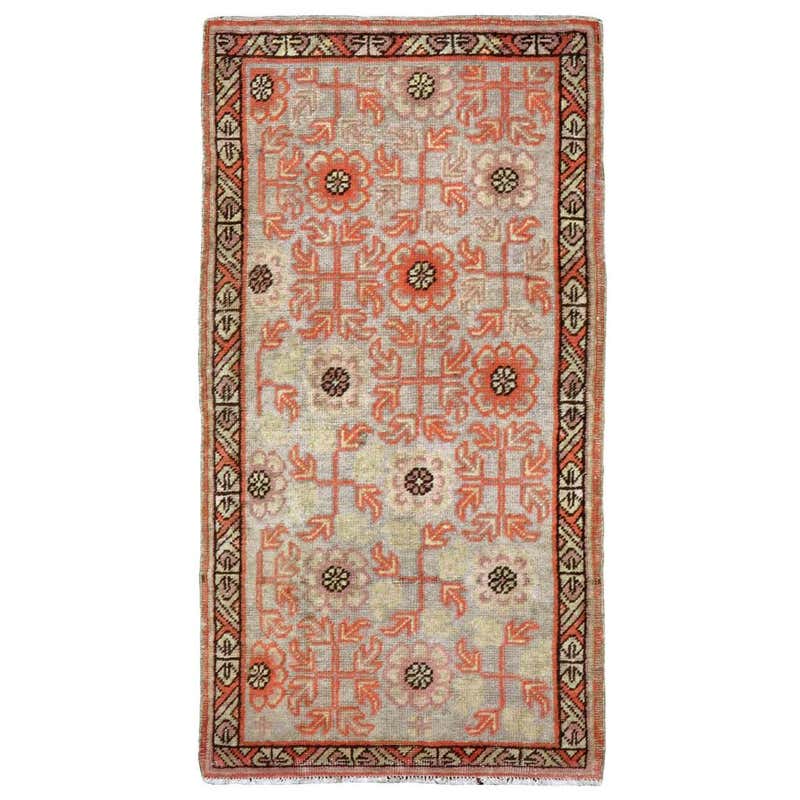 Early 20th Century Handmade Khotan Scatter Rug in Coral and Grey For ...
