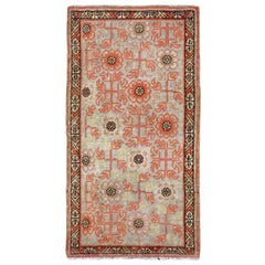 Antique Early 20th Century Handmade Khotan Scatter Rug in Coral and Grey