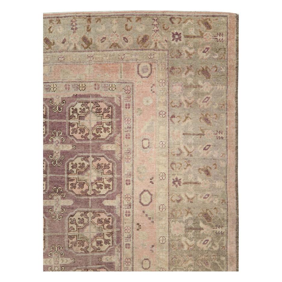 Rustic Early 20th Century Handmade Khotan Square Room Size Carpet in Green and Purple For Sale