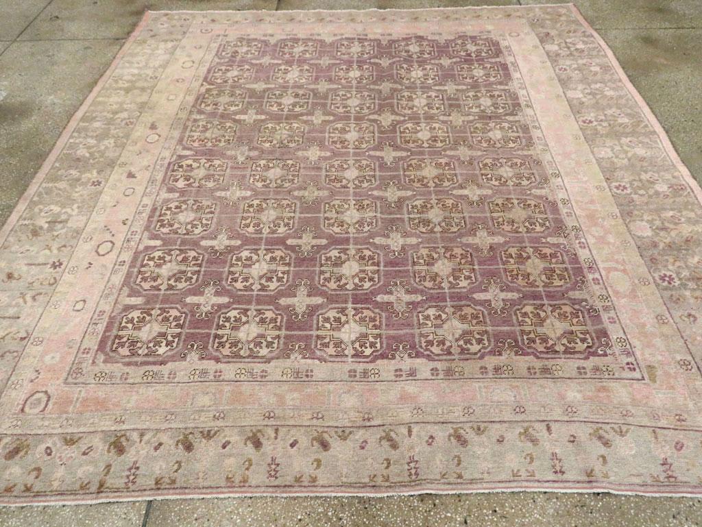 East Turkestani Early 20th Century Handmade Khotan Square Room Size Carpet in Green and Purple For Sale