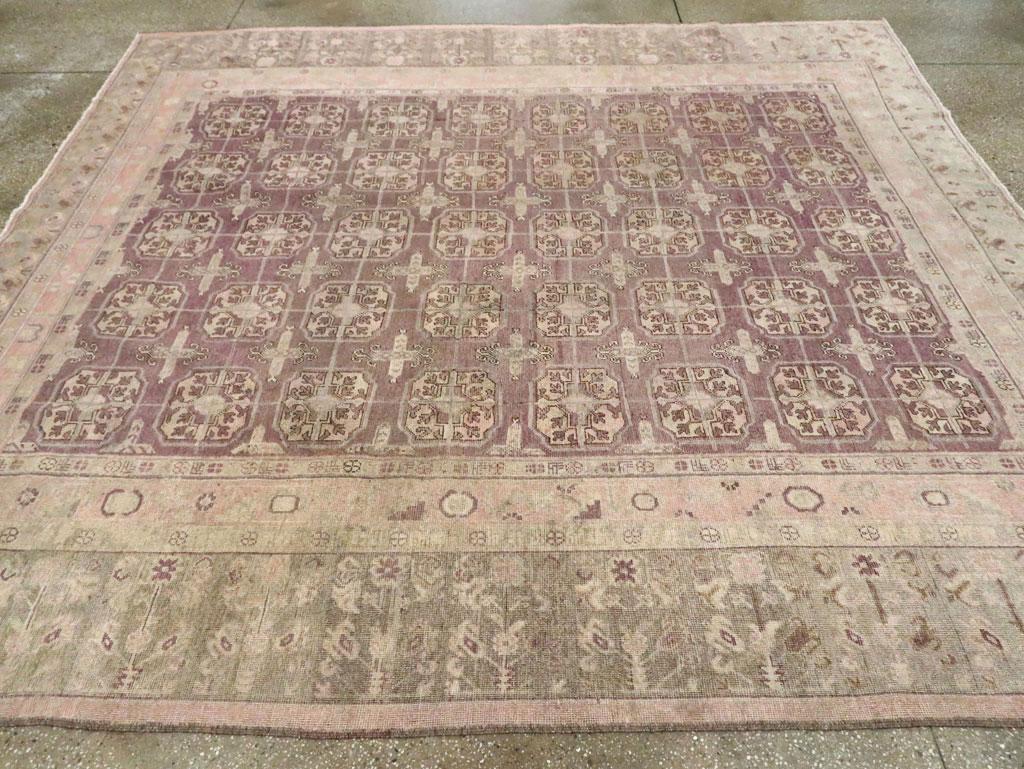 Early 20th Century Handmade Khotan Square Room Size Carpet in Green and Purple In Good Condition For Sale In New York, NY