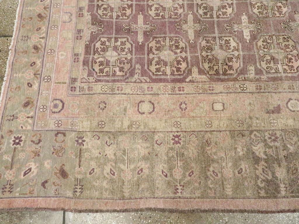 Wool Early 20th Century Handmade Khotan Square Room Size Carpet in Green and Purple For Sale