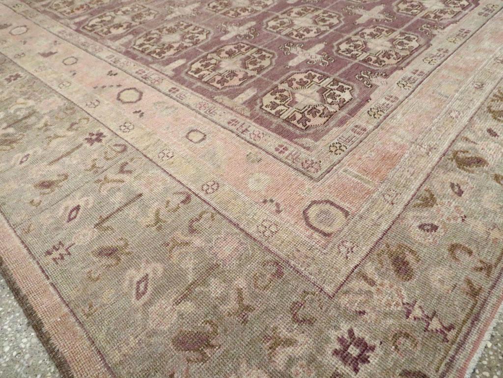 Early 20th Century Handmade Khotan Square Room Size Carpet in Green and Purple For Sale 1