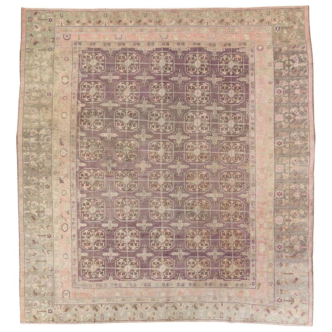 Early 20th Century Handmade Khotan Square Room Size Carpet in Green and Purple