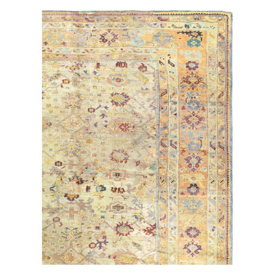 Rustic Early 20th Century Handmade Large Square Room Size Turkish Oushak Carpet For Sale