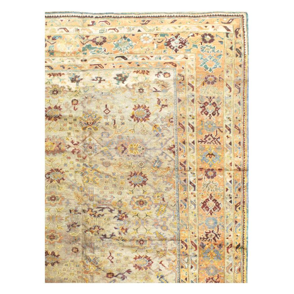 Hand-Knotted Early 20th Century Handmade Large Square Room Size Turkish Oushak Carpet For Sale