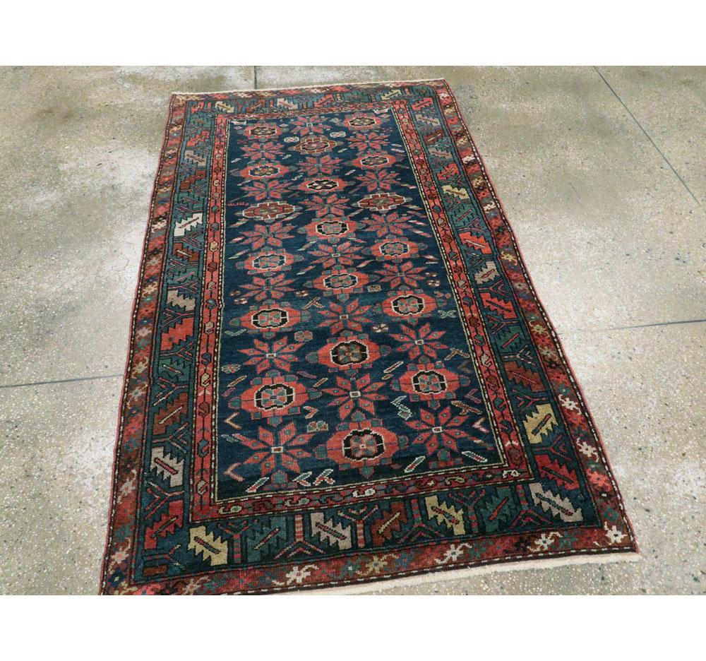 Early 20th Century Handmade Persian Accent Rug in Dark Blue, Green and Light Red In Good Condition For Sale In New York, NY