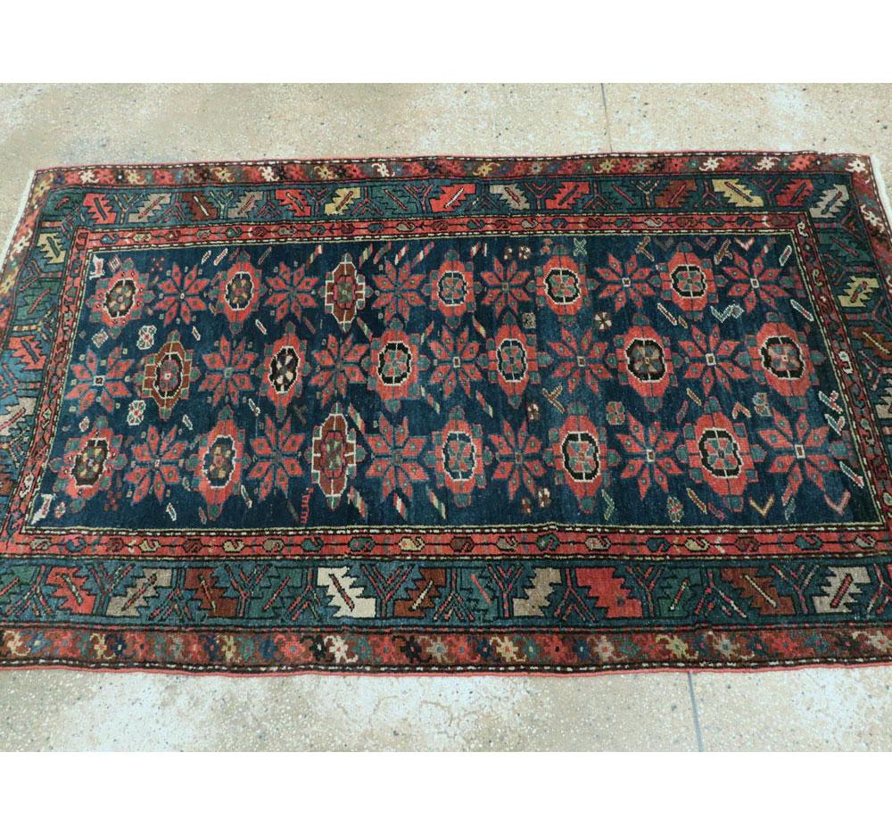 Early 20th Century Handmade Persian Accent Rug in Dark Blue, Green and Light Red For Sale 2