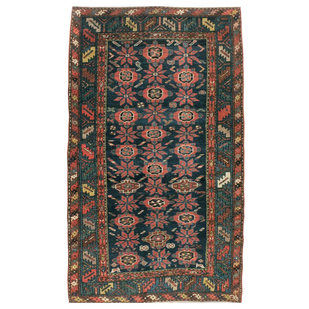 Early 20th Century Handmade Persian Accent Rug in Dark Blue, Green and Light Red For Sale