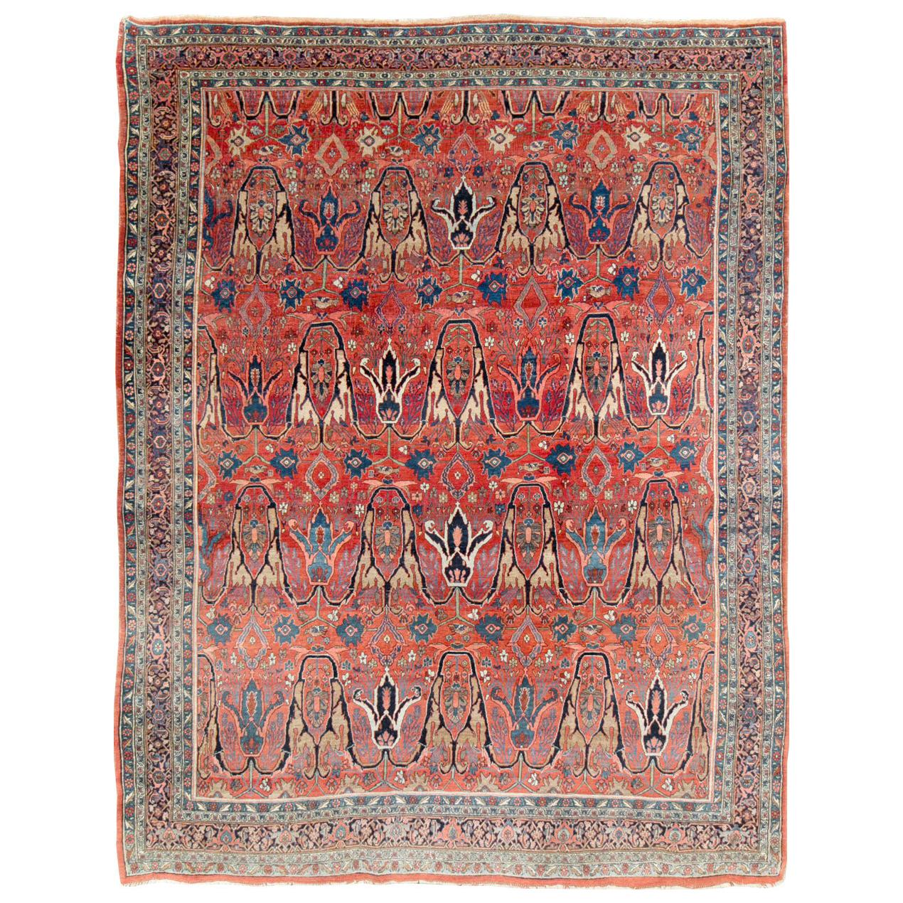 Early 20th Century Handmade Persian Bidjar Room Size Carpet in Red and Blue For Sale