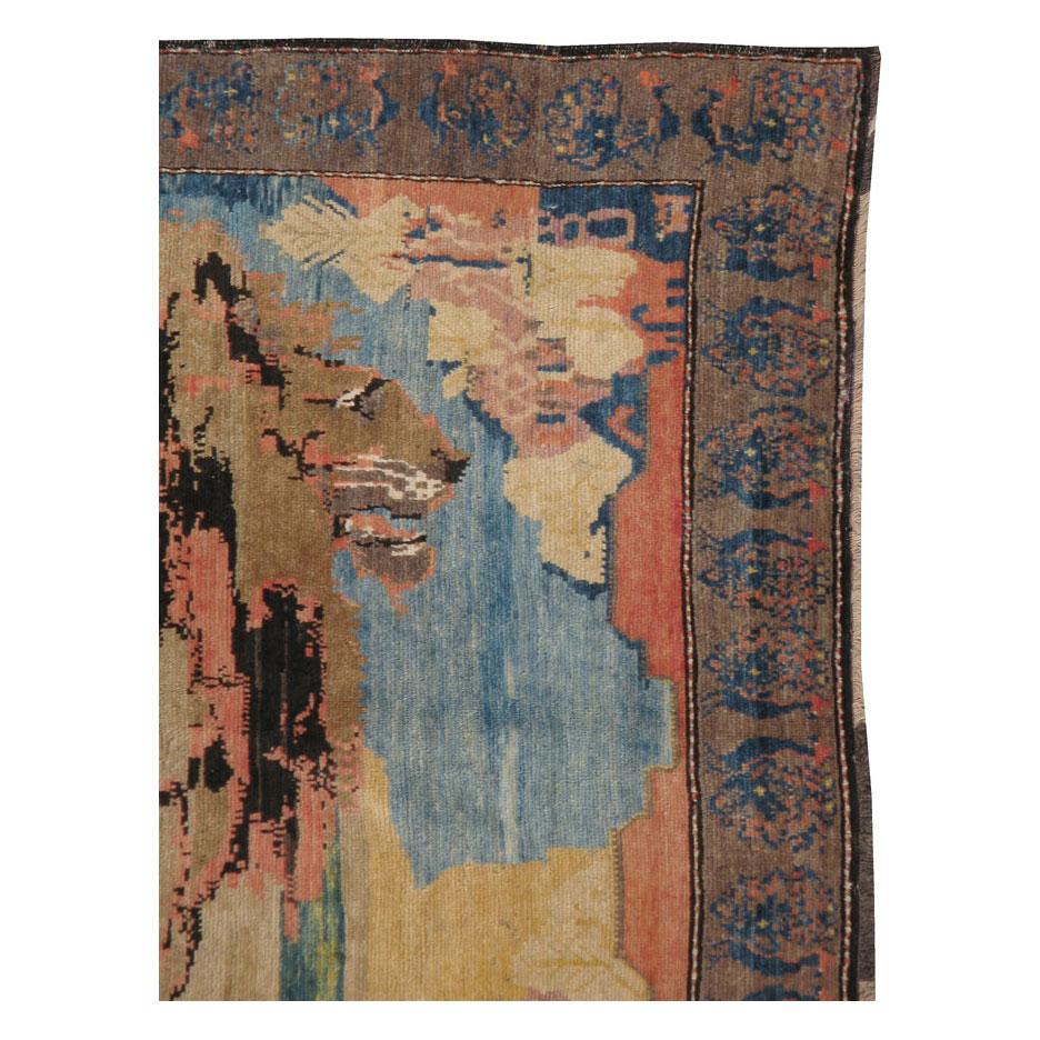 Tribal Early 20th Century Handmade Persian Gabbeh Pictorial Lion Accent Rug For Sale