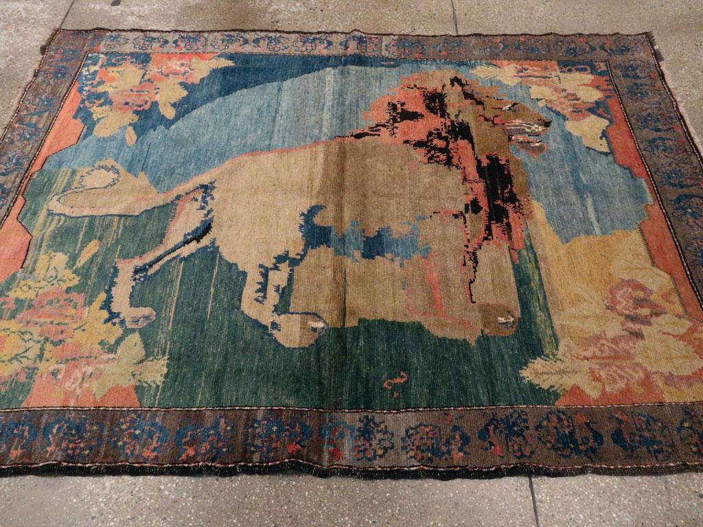 Hand-Knotted Early 20th Century Handmade Persian Gabbeh Pictorial Lion Accent Rug For Sale