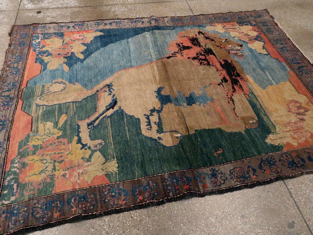 Early 20th Century Handmade Persian Gabbeh Pictorial Lion Accent Rug In Excellent Condition For Sale In New York, NY