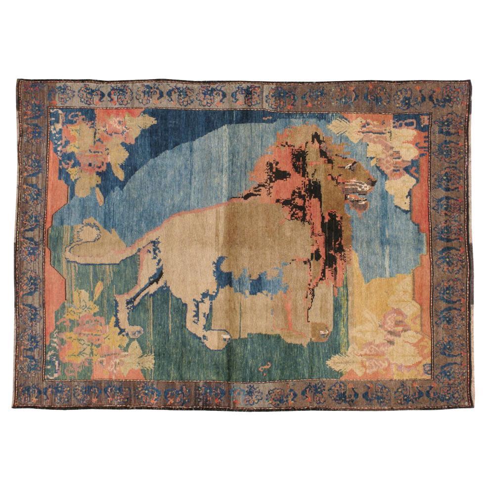 Early 20th Century Handmade Persian Gabbeh Pictorial Lion Accent Rug For Sale