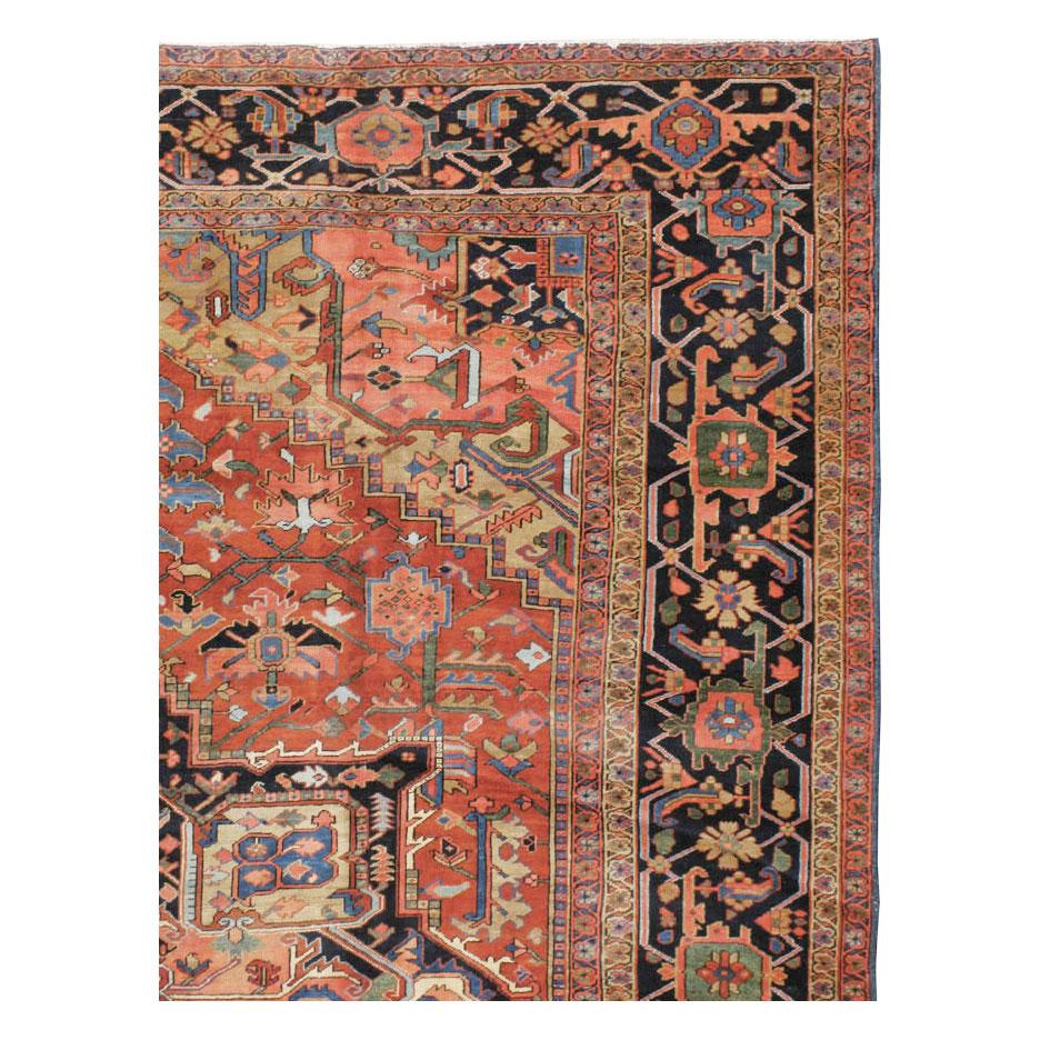 Rustic Early 20th Century Handmade Persian Heriz Large Room Size Carpet, circa 1920 For Sale