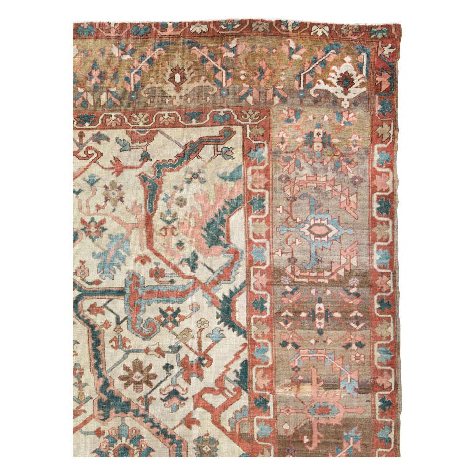 Rustic Early 20th Century Handmade Persian Heriz Large Room Size Carpet For Sale