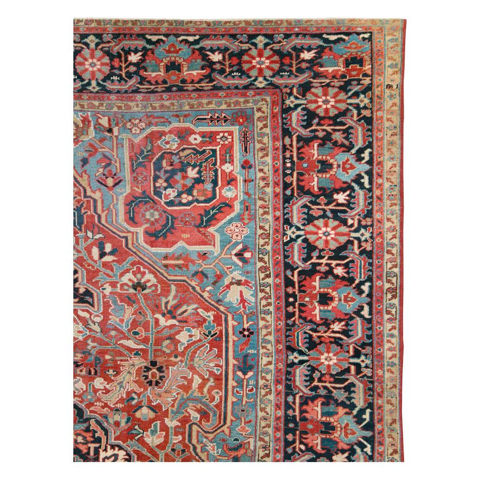 Rustic Early 20th Century Handmade Persian Heriz Large Room Size Carpet For Sale