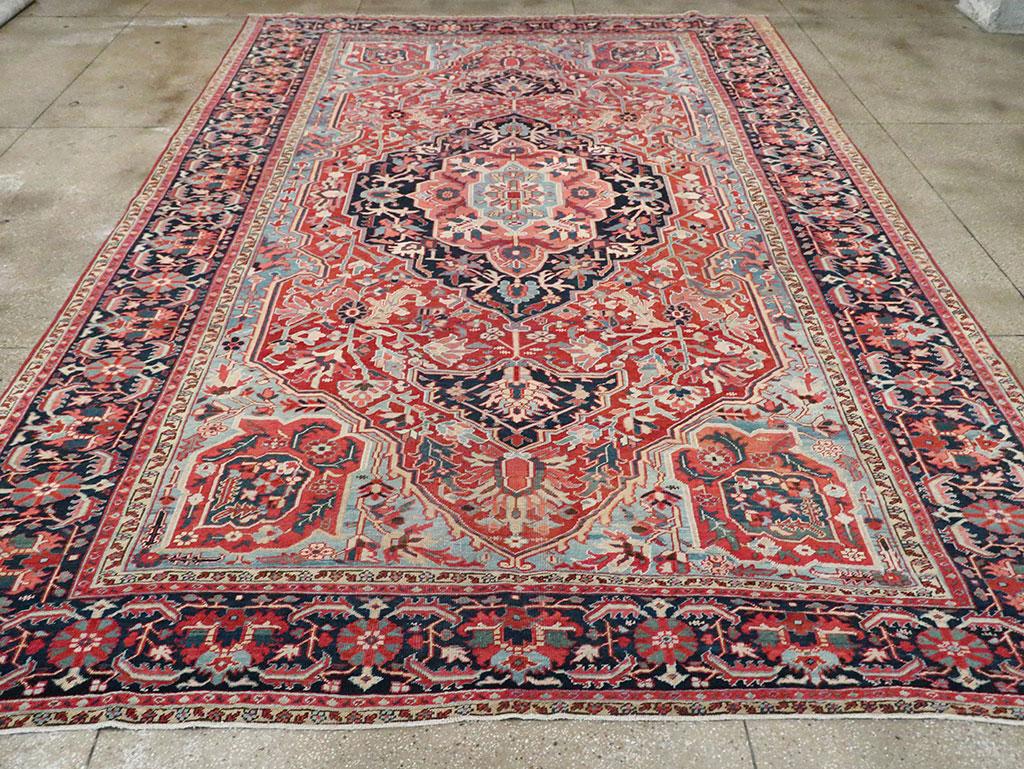 Hand-Knotted Early 20th Century Handmade Persian Heriz Large Room Size Carpet For Sale