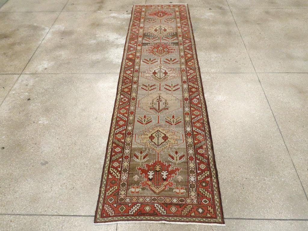 Hand-Knotted Early 20th Century Handmade Persian Heriz Runner For Sale