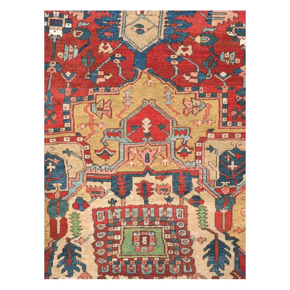 An antique Persian Heriz room size carpet in square format handmade during the early 20th century.

Measures: 12' 6