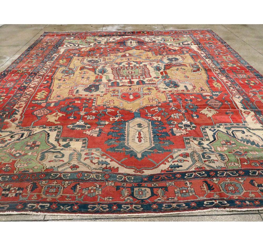 Early 20th Century Handmade Persian Heriz Square Room Size Carpet In Excellent Condition For Sale In New York, NY