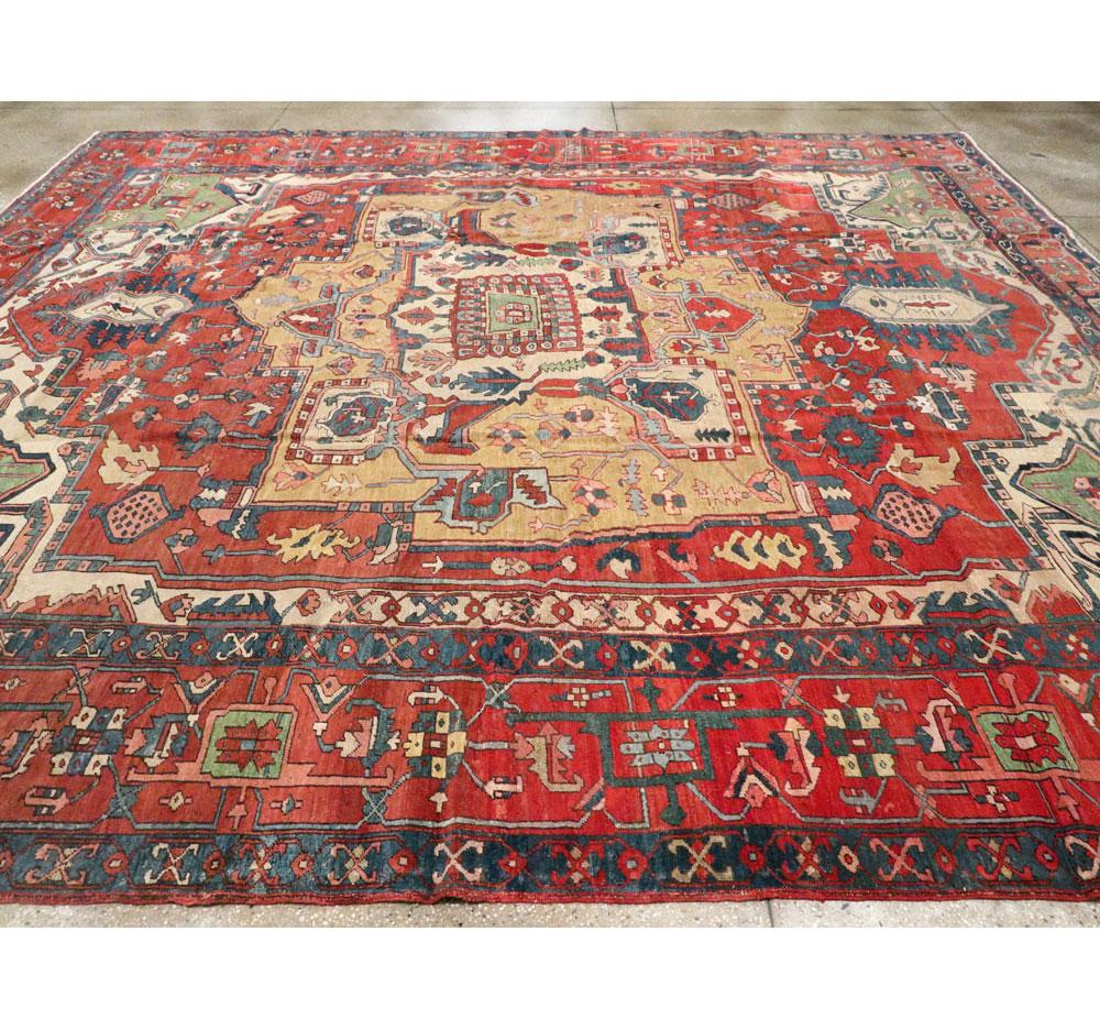Early 20th Century Handmade Persian Heriz Square Room Size Carpet For Sale 2