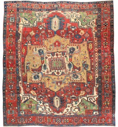 Antique Early 20th Century Handmade Persian Heriz Square Room Size Carpet