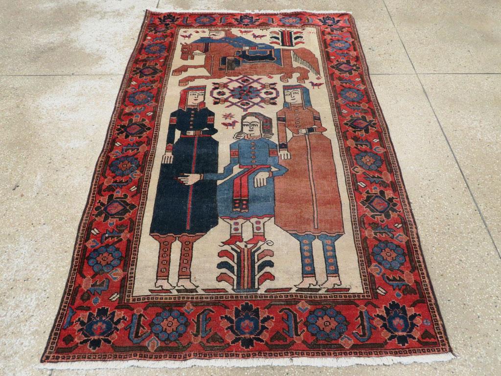 Hand-Knotted Early 20th Century Handmade Persian Kurd Pictorial Accent Rug For Sale