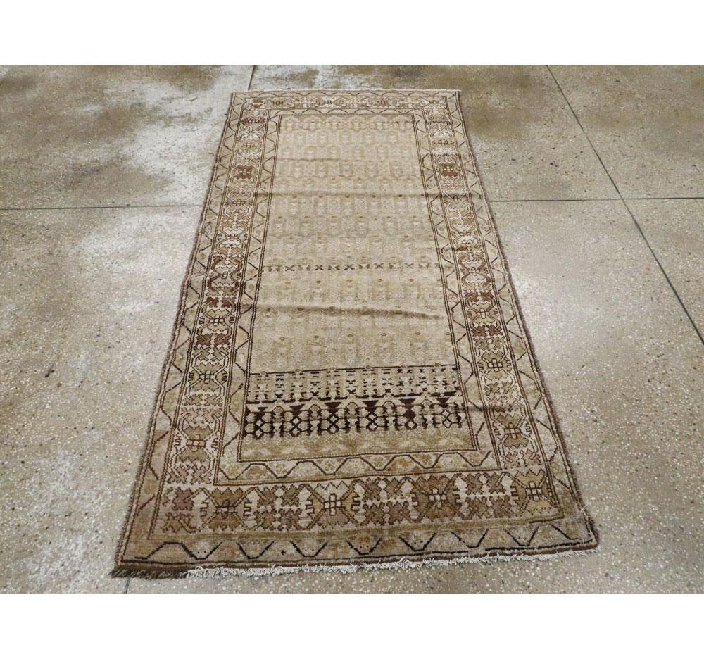 Hand-Knotted Early 20th Century Handmade Persian Kurd Runner in Neutral Tones
